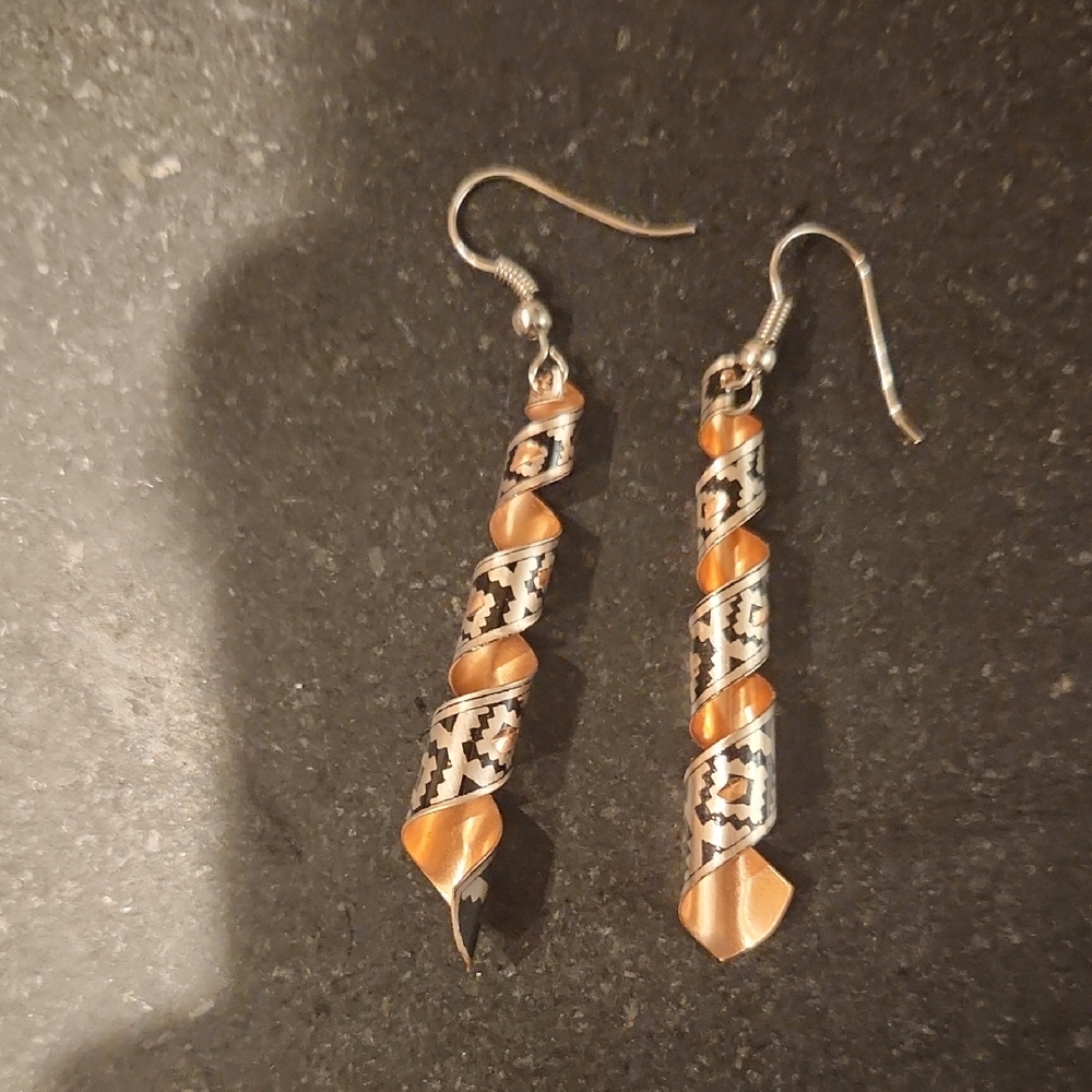 Silver, Black, And Copper Geometric Spiraling Earrings